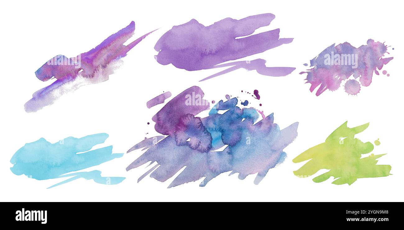 Säureflecken in der Aquarelltechnik. Lila, blau, gelb-grün und lilafarbene Farben in dynamischer Bewegung. Große Pinselstriche, Flecken und Spritzer für Karten Stockfoto
