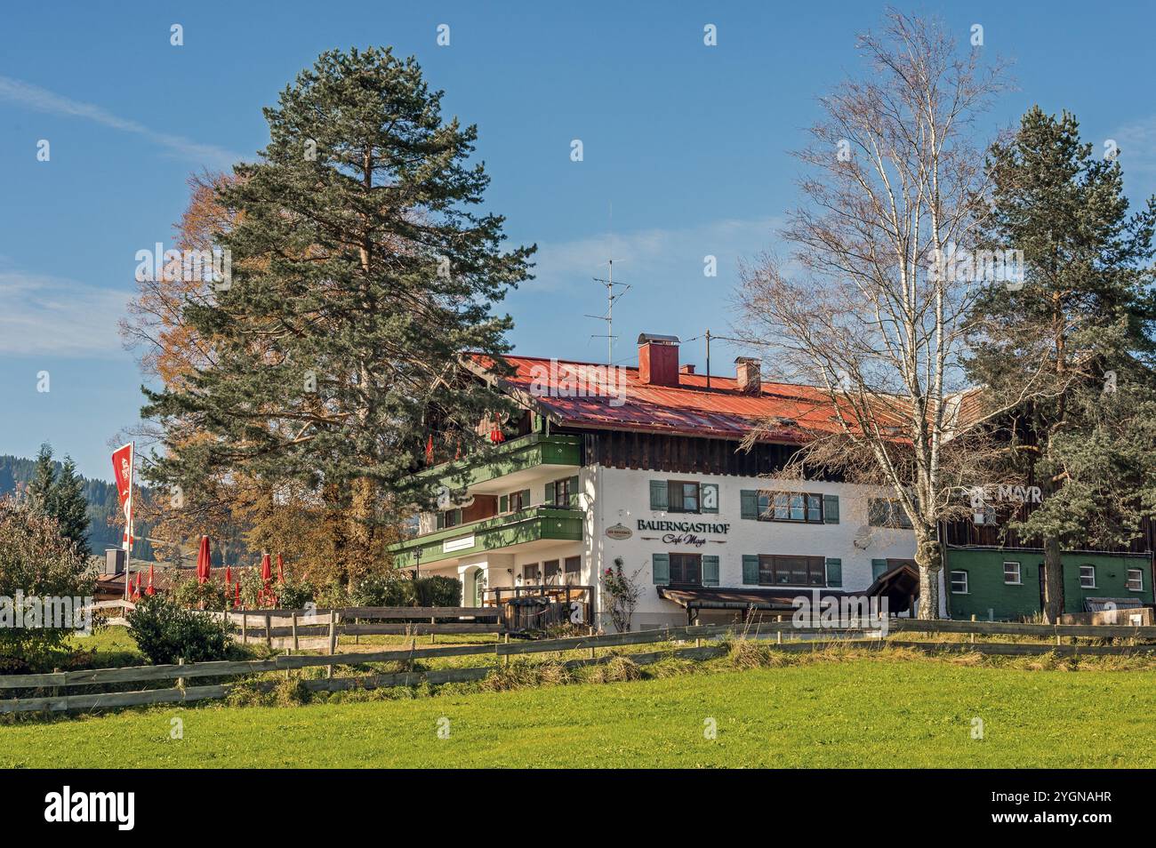 Bauernhof am Schweineberg, blauer Himmel, bei Ofterschwang, Allgaeu, Bayern, Deutschland, Europa Stockfoto