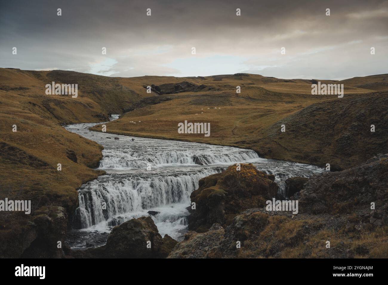 HestavaÃ°sfoss Wasserfall bei Sonnenaufgang in Island im Winter Stockfoto