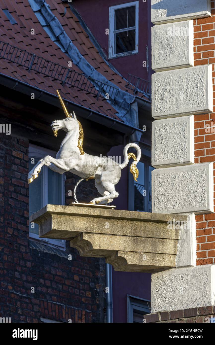 Einhornfigur über dem Eingang zur historischen Einhornapotheke in der mittelalterlichen Altstadt Lüneburg, Hansestadt Lüneburg, Niedersachsen, G Stockfoto