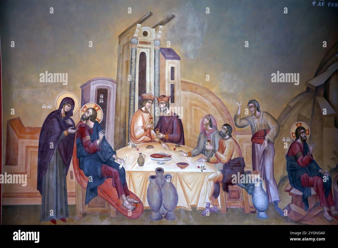 Gemälde von Jesus Christus beim Hochzeitsfest in Kana, wo er das Wunder vollbrachte, das Wasser in Wein verwandelt in Panagia Faneromeni Griechisch-orthodoxen Chu Stockfoto Gemälde von Jesus Christus beim Hochzeitsfest in Kana, wo er das Wunder vollbrachte, das Wasser in Wein verwandelt in Panagia Faneromeni Griechisch-orthodoxen Chu Stockfoto