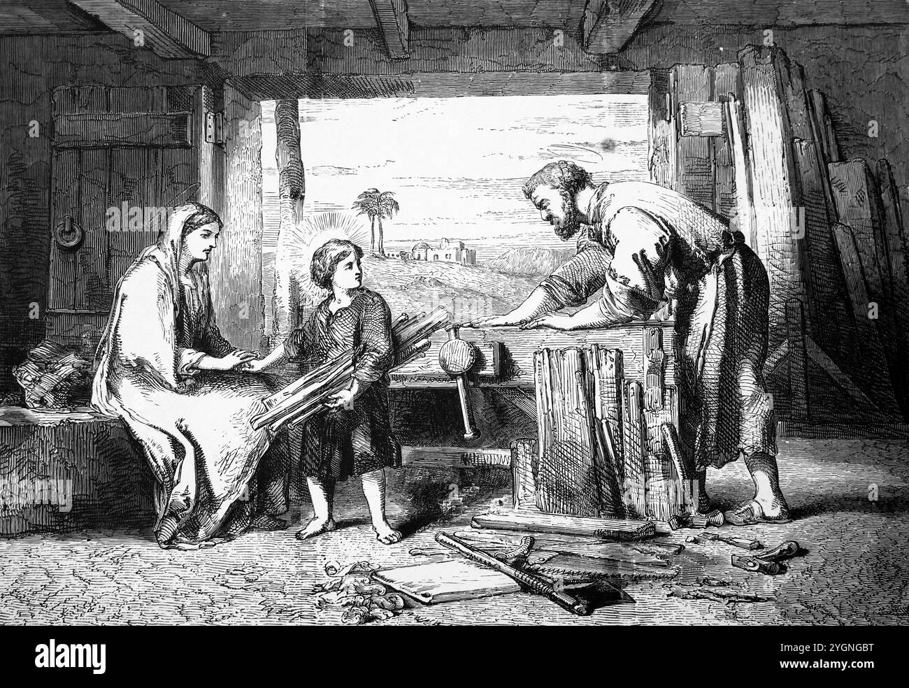 Illustration des Kindes Jesus Christus, der seinem Vater mit seiner Zimmerei mit seiner Mutter Maria hilft, in 1887 Ausgabe des Lebens unseres Herrn Jes Stockfoto