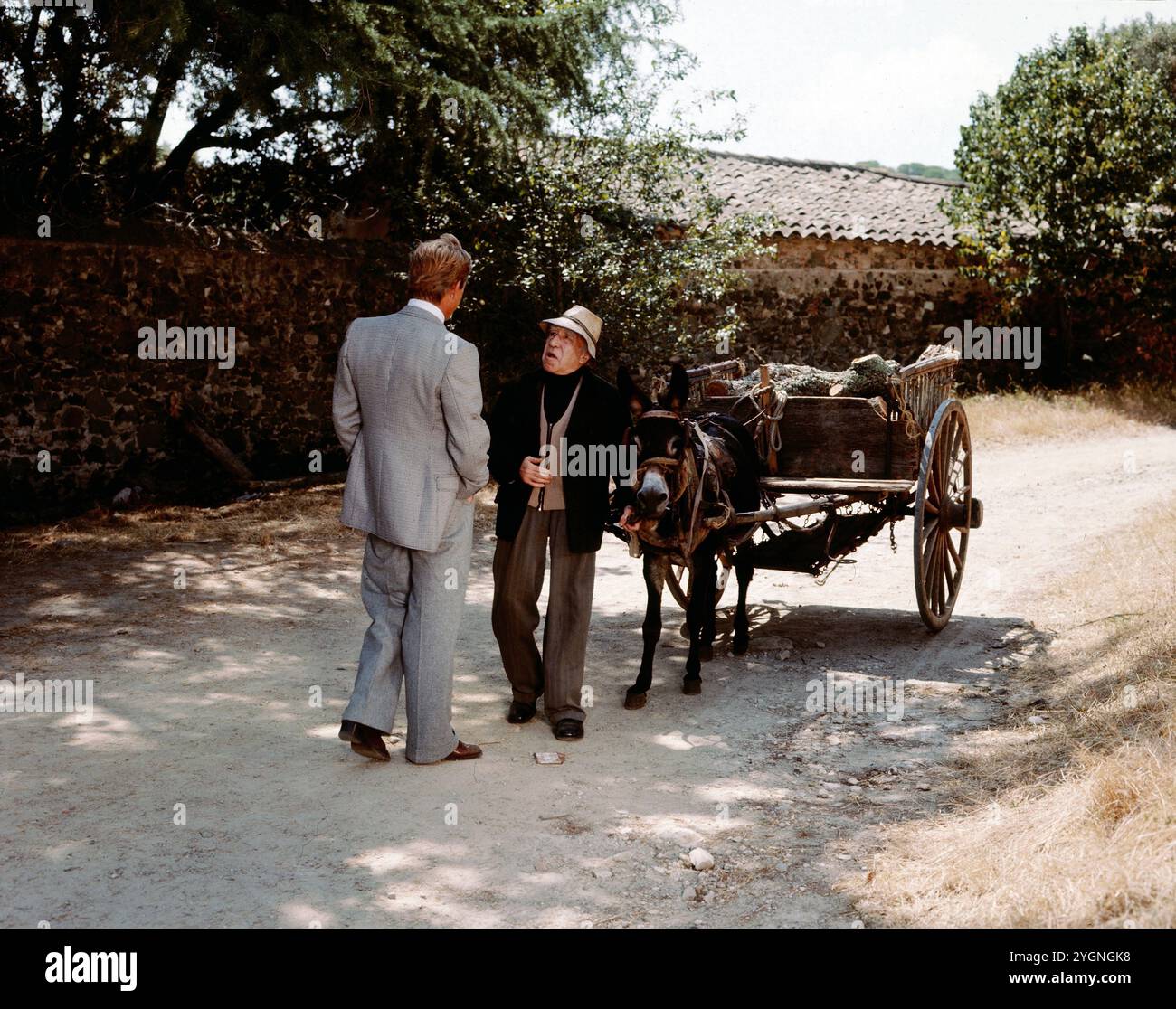 Es muss nicht immer Kaviar sein, ZDF TV-Serie, 1977, nach dem Roman von Johannes Mario Simmel, Regie: Thomas Engel, Folge 2: Französische Küche, Szene 1939: Siegfried Rauch als Thomas Lieven (links) - Thomas Lieven flieht aus dem Ausbldungslager des französischen Geheimdienstes, ein französischer Bauer mit Eselskarren zeigt ihm den Weg. Stockfoto