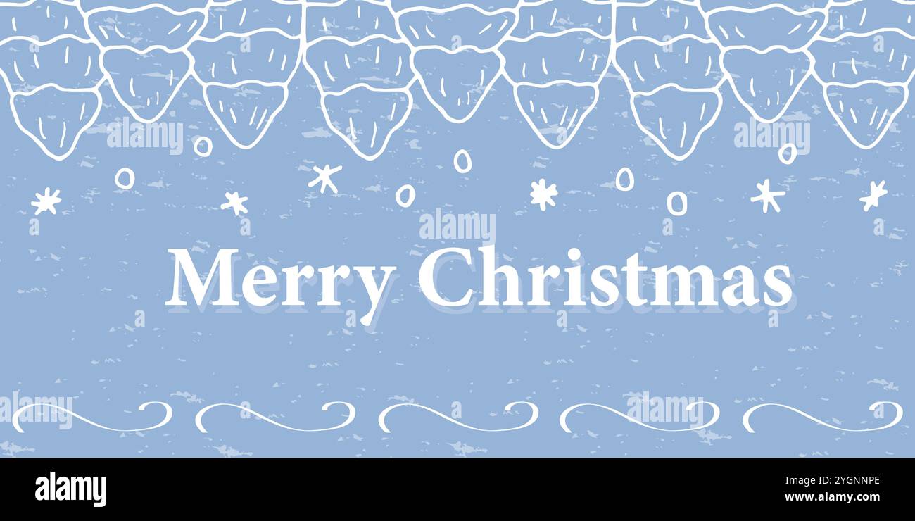 Ein handgezeichnetes blaues Weihnachtsbanner mit Weihnachtsbäumen, Schneeflocken und Textur. Banner, Webbanner, Postkarte, Einladung. Vektorabbildung Stock Vektor