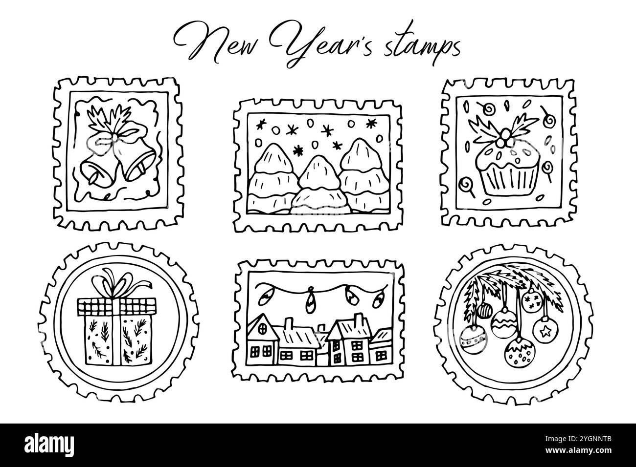 Schwarz-weiße handgezeichnete Briefmarken für Weihnachten. Für Scrapbooking, Gummistempel, Aufkleber, Stempel. Vektor-Weihnachtsmotive. Stock Vektor