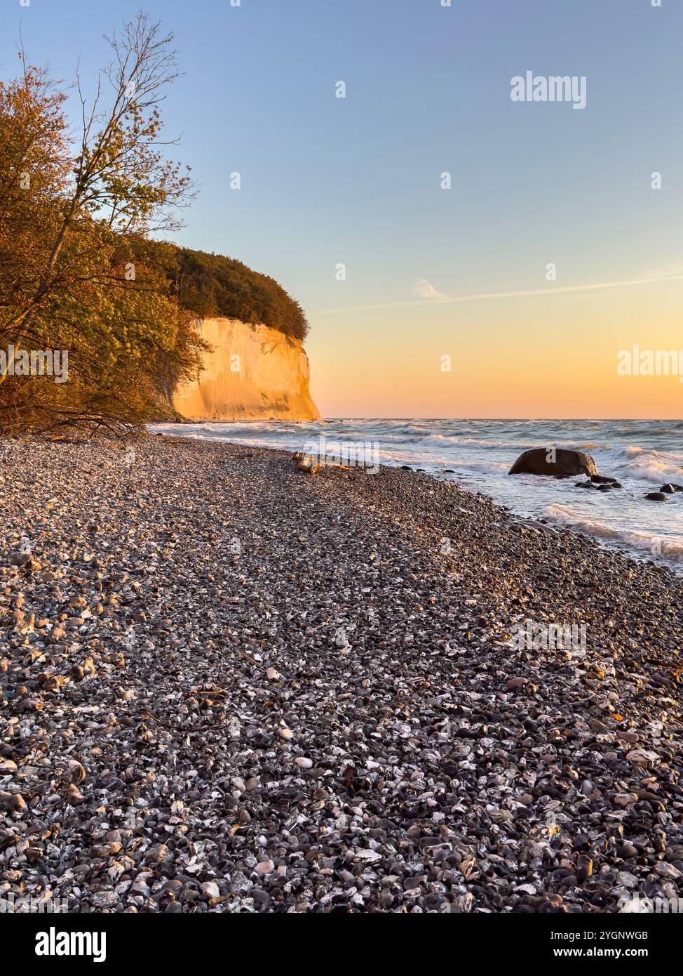 Kreidefelsen auf Rügen werden von der Sonne beleuchtet, im Vordergrund steht ein Steinstrand Stockfoto