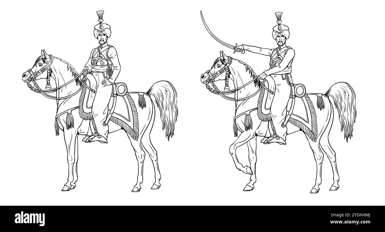 Zeichnung mit dem montierten Mamluk. Berittener Soldat der napoleonischen Armee zum Färben. Stockfoto