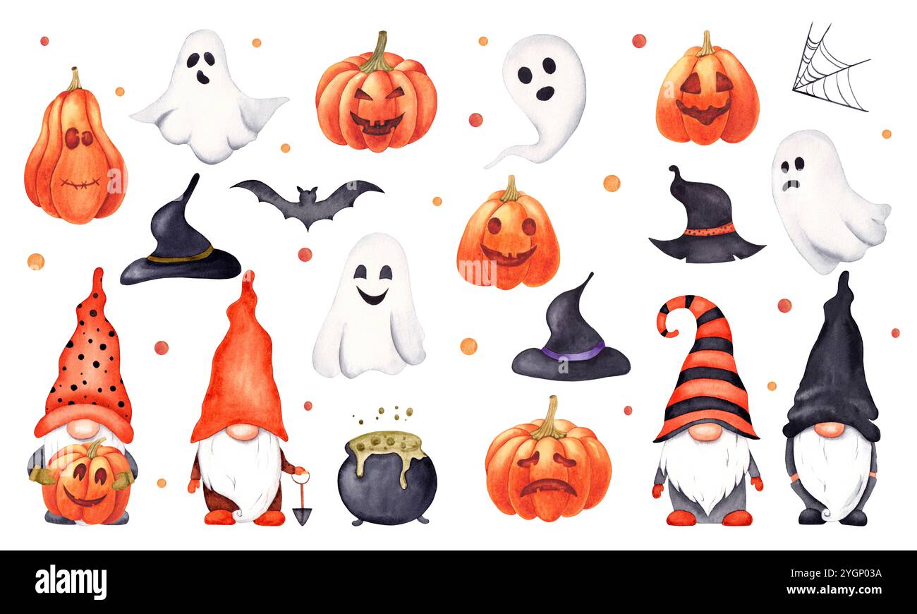 Aquarell Halloween große Kollektion mit Geistern, Gnomen, Kürbissen, Hüten und verschiedenen Weihnachtssymbolen. Handgezeichnete Illustration isoliert auf weiß Stockfoto