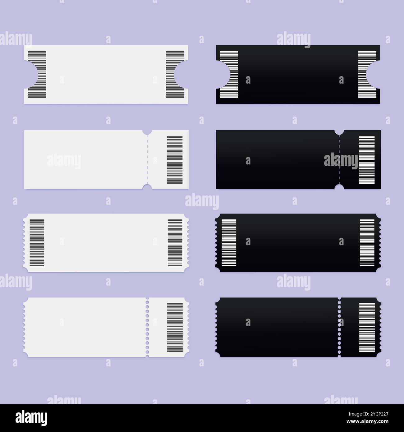 Abstrakte leere Tickets oder Coupons in Schwarz-weiß-Farben. Ticket-Vorlagen in verschiedenen Formen mit Barcode. Vektorabbildung Stock Vektor