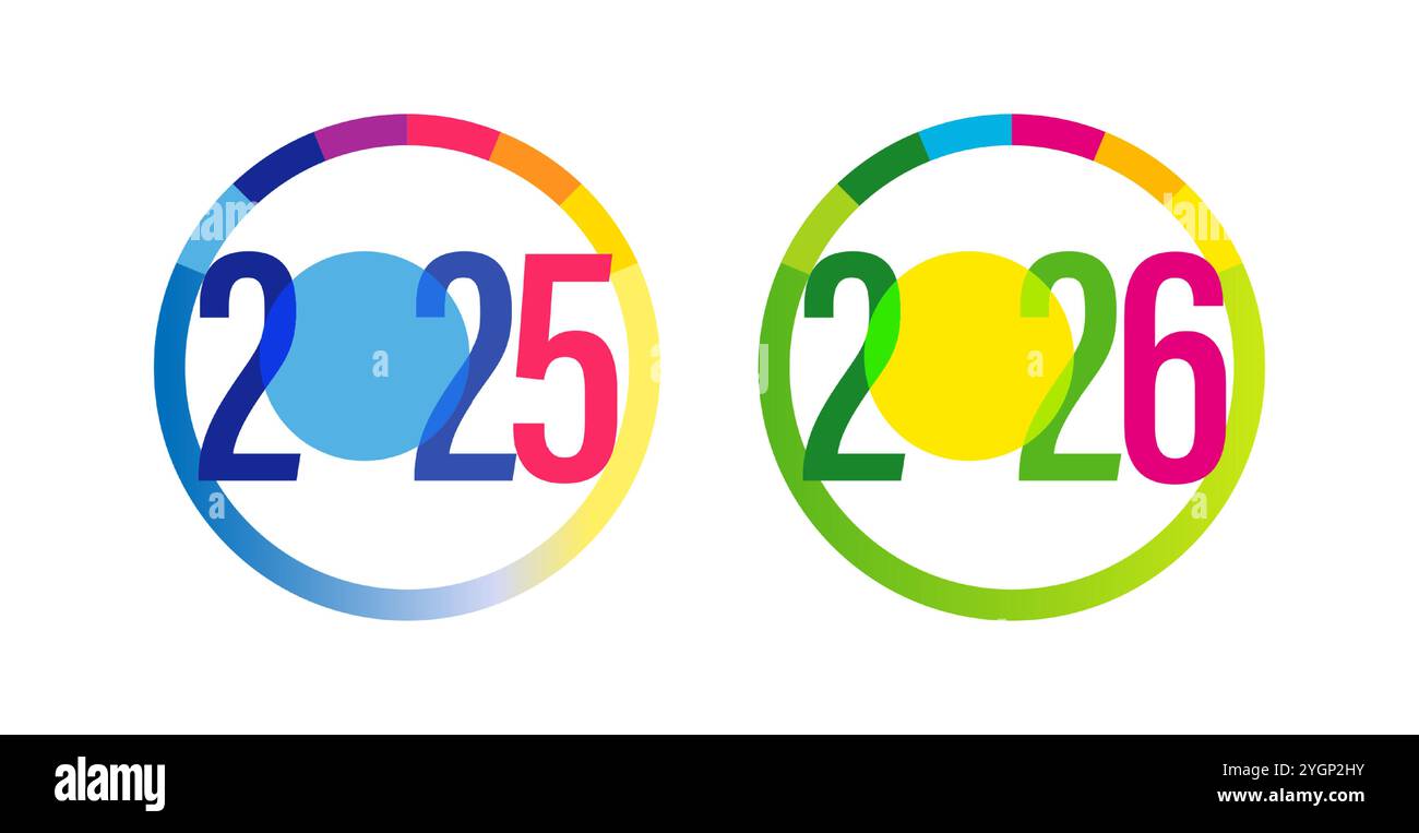 Set mit runden Symbolen für das neue Jahr 2025 und 2026. Flacher geometrischer Stil, farbenfrohes Design. Badge-Konzept. Logo-Vorlage für das Geschäfts- oder Geschäftsjahr. Webbanner. Stock Vektor