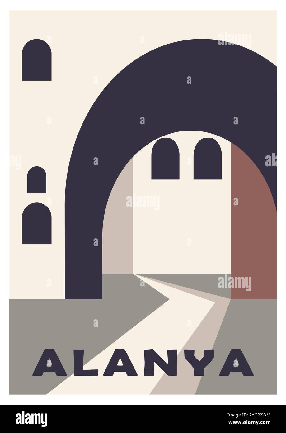 Postkarte im Retro-Hotel in der Türkei. Kizil Kule Alanya Vintage touristische Reise Vektor Poster. Ästhetisches Illustrationsposter der nahöstlichen Szene. City wi Stock Vektor