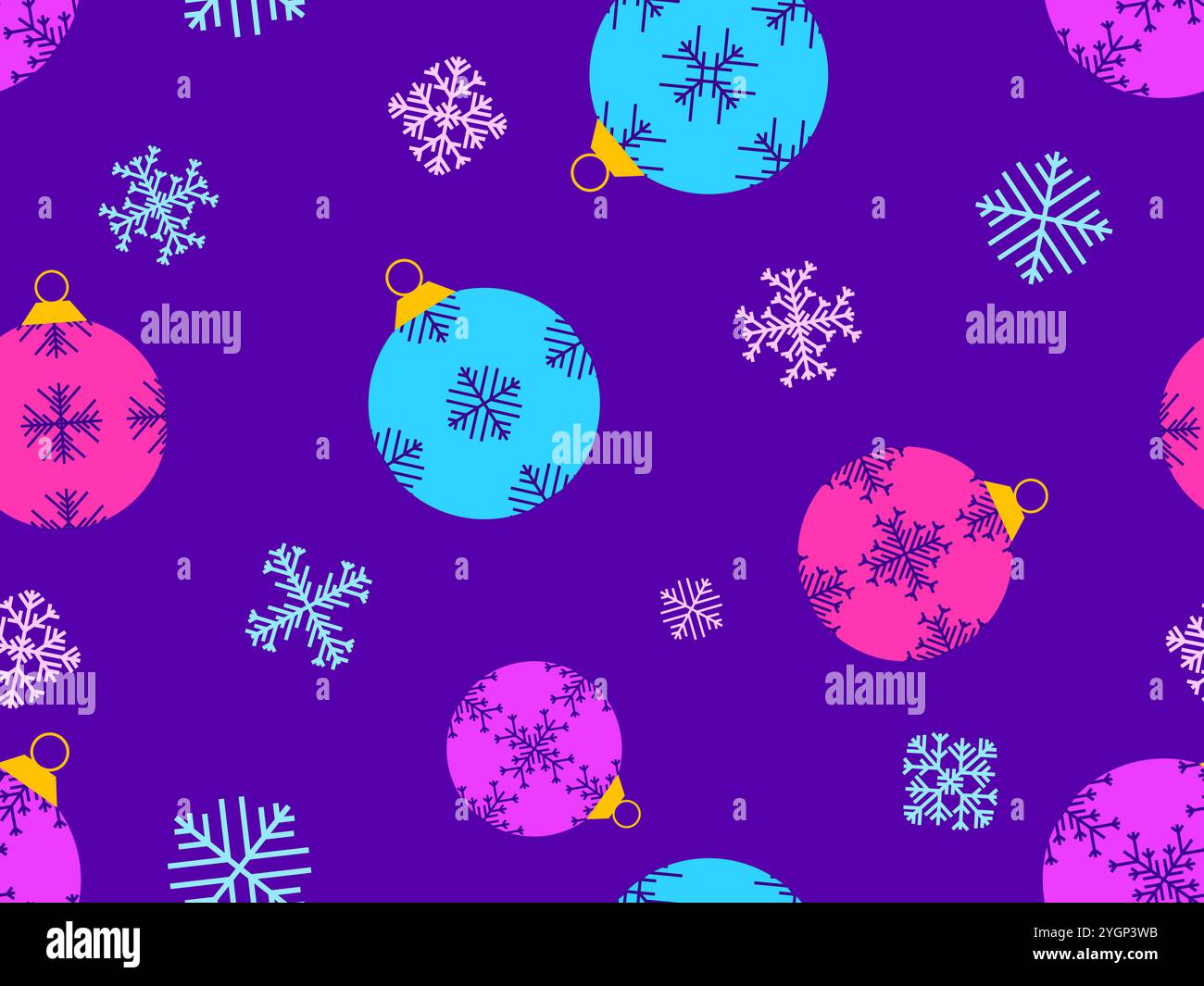 Nahtloses Muster für Weihnachtskugeln. Weihnachtsbaumkugeln sind mit Schneeflocken verziert. Weihnachtsbaumkugeln. Weihnachtsdesign für Verpackungen, Abdeckungen, Stock Vektor