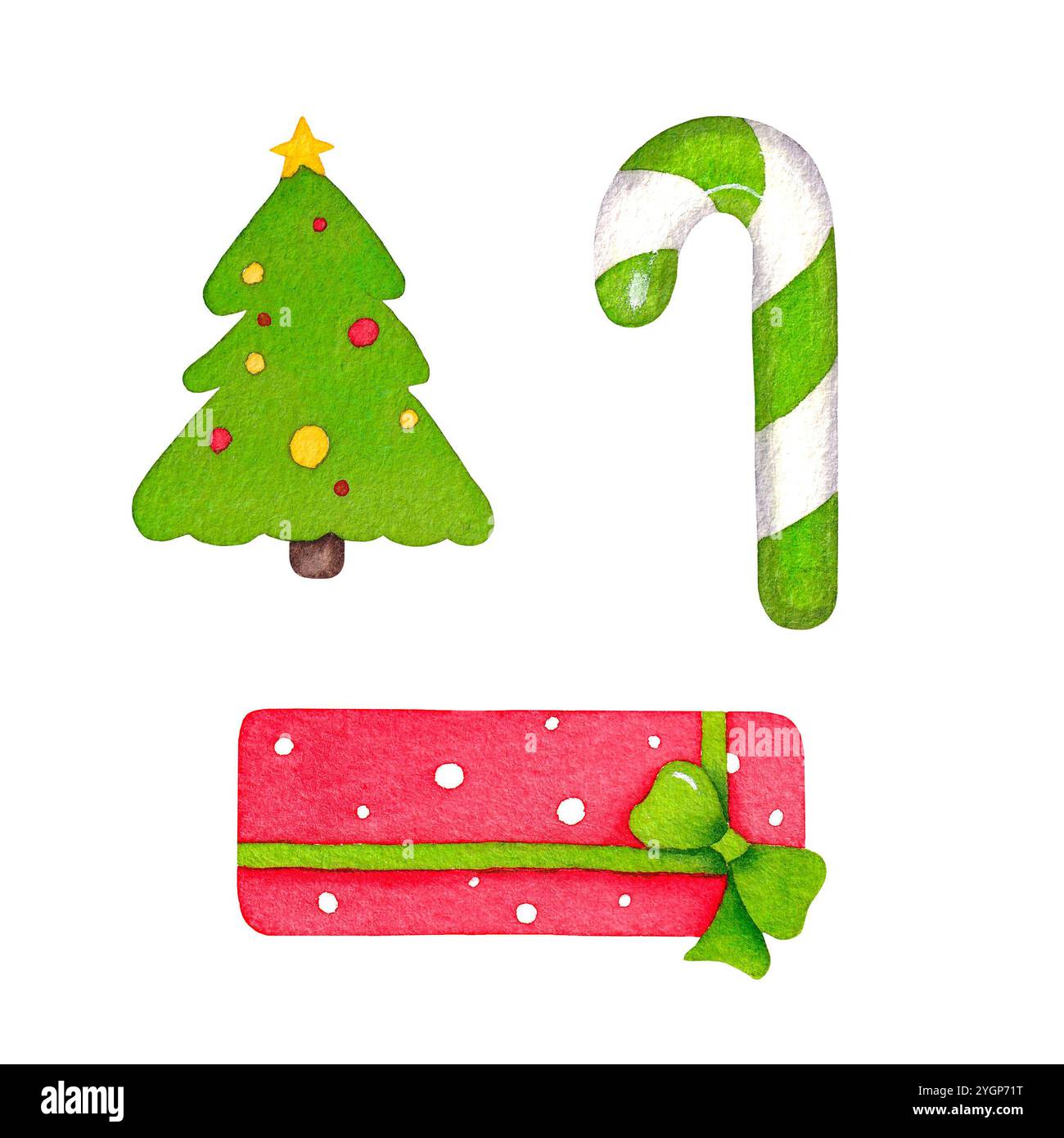 Aquarellweihnachtsset mit weihnachtsbaum, Geschenken und Zuckerrohr. Illustration für Ihr Urlaubsdesign. Stockfoto