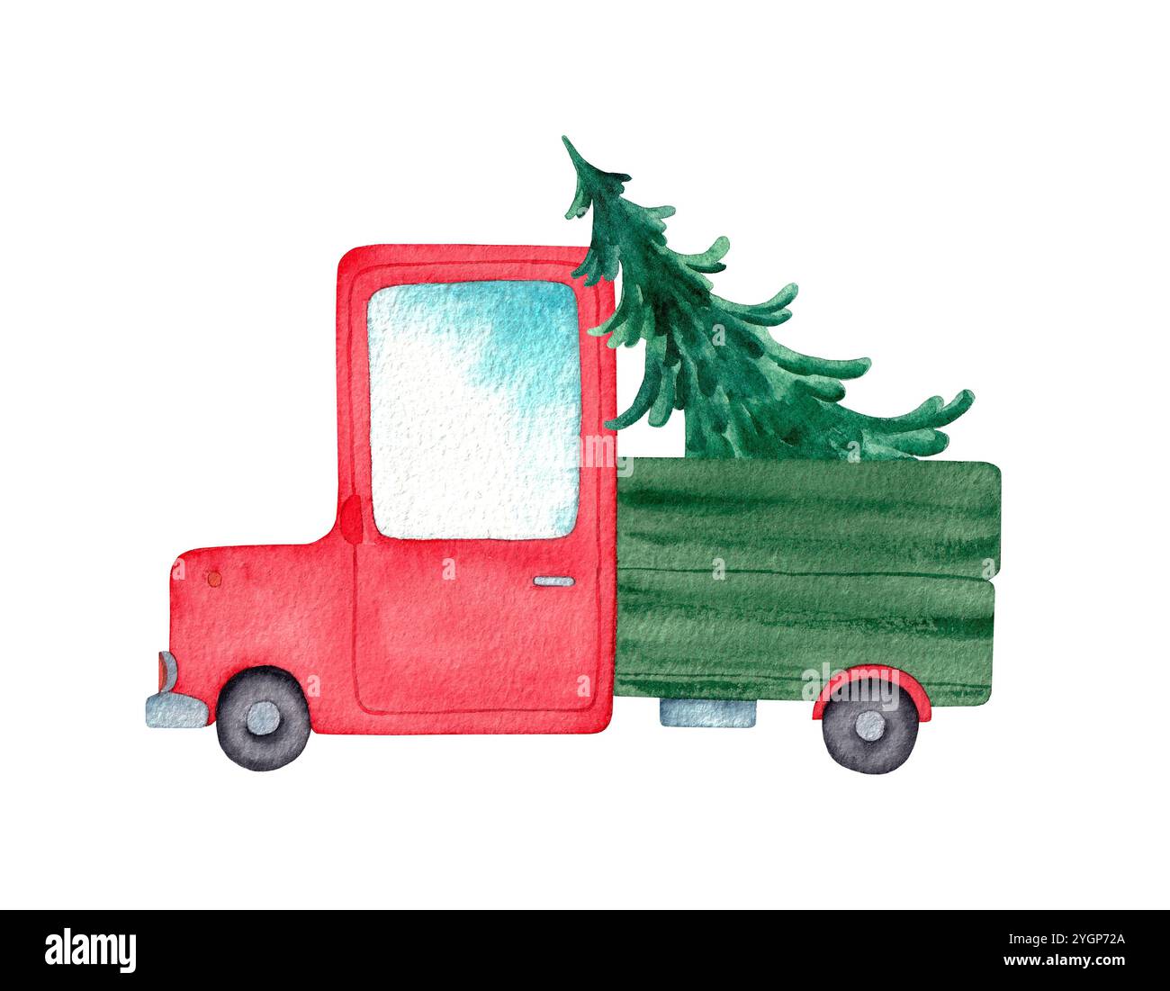 Truck mit Weihnachtsbaum. Handgezeichnete Aquarellabbildung auf weißem Hintergrund Stockfoto