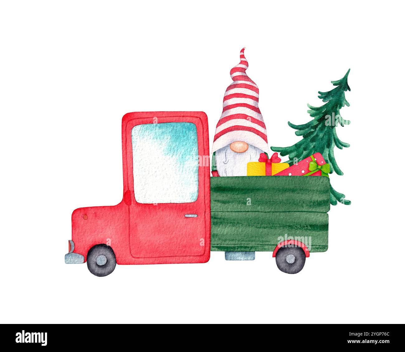 Aquarellwagen mit einem Weihnachtszwerg auf weißem Hintergrund. Handgezeichnete Abbildung. Süßer Zwerg, Geschenke, Weihnachtsbaum Stockfoto