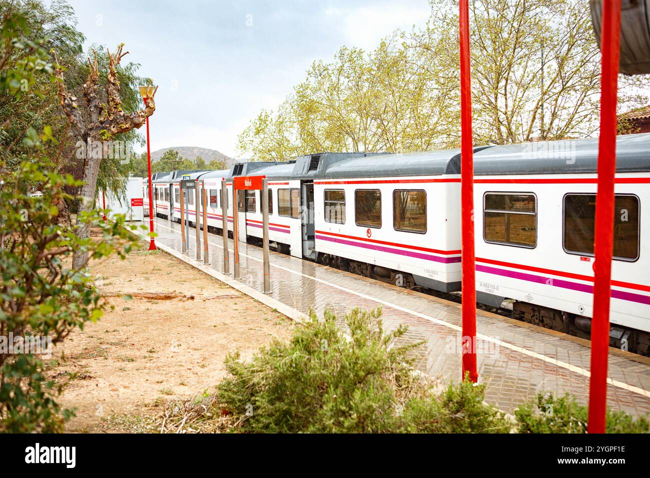 Ein Zug steht an einem ruhigen Bahnhof, flankiert von üppigen Bäumen und unter einem stimmungsvollen Himmel, was eine friedliche Atmosphäre schafft. Stockfoto