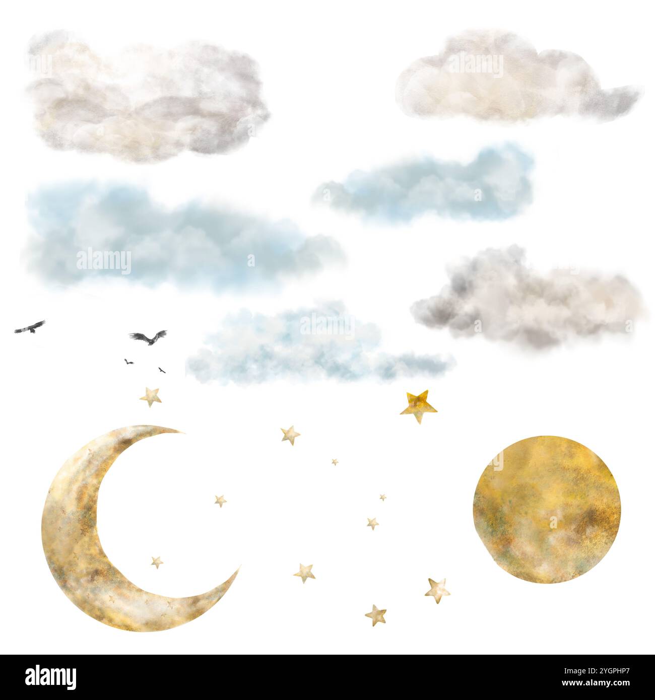 Wolken, Mond, Sterne, dekorative Elemente. Eine Reihe von Aquarellabbildungen in Blau-, Grau- und Gelbtönen. Pastellfarben. Elemente eines untergeordneten r Stockfoto