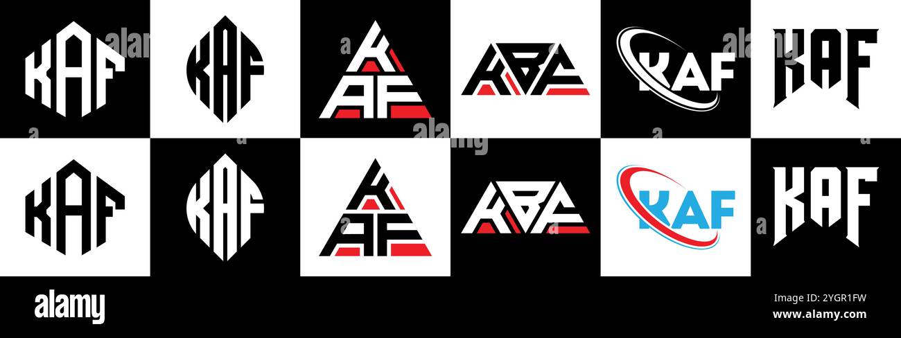 KAF Letter-Logo im 6er-Stil. KAF Polygon, Kreis, Dreieck, Sechseck, flacher und einfacher Stil mit schwarz-weißem Schriftzug Stock Vektor