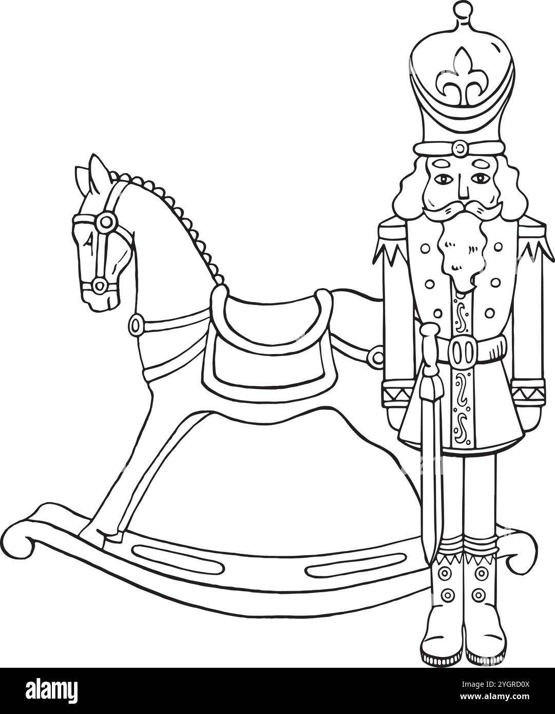 Weihnachtliches Schaukelpferd mit Soldatenfigur. Winter gemütliches isoliertes Vektorset. Für saisonale Feiertage, Neujahrsdekoration, Karte, Verpackung. Stock Vektor