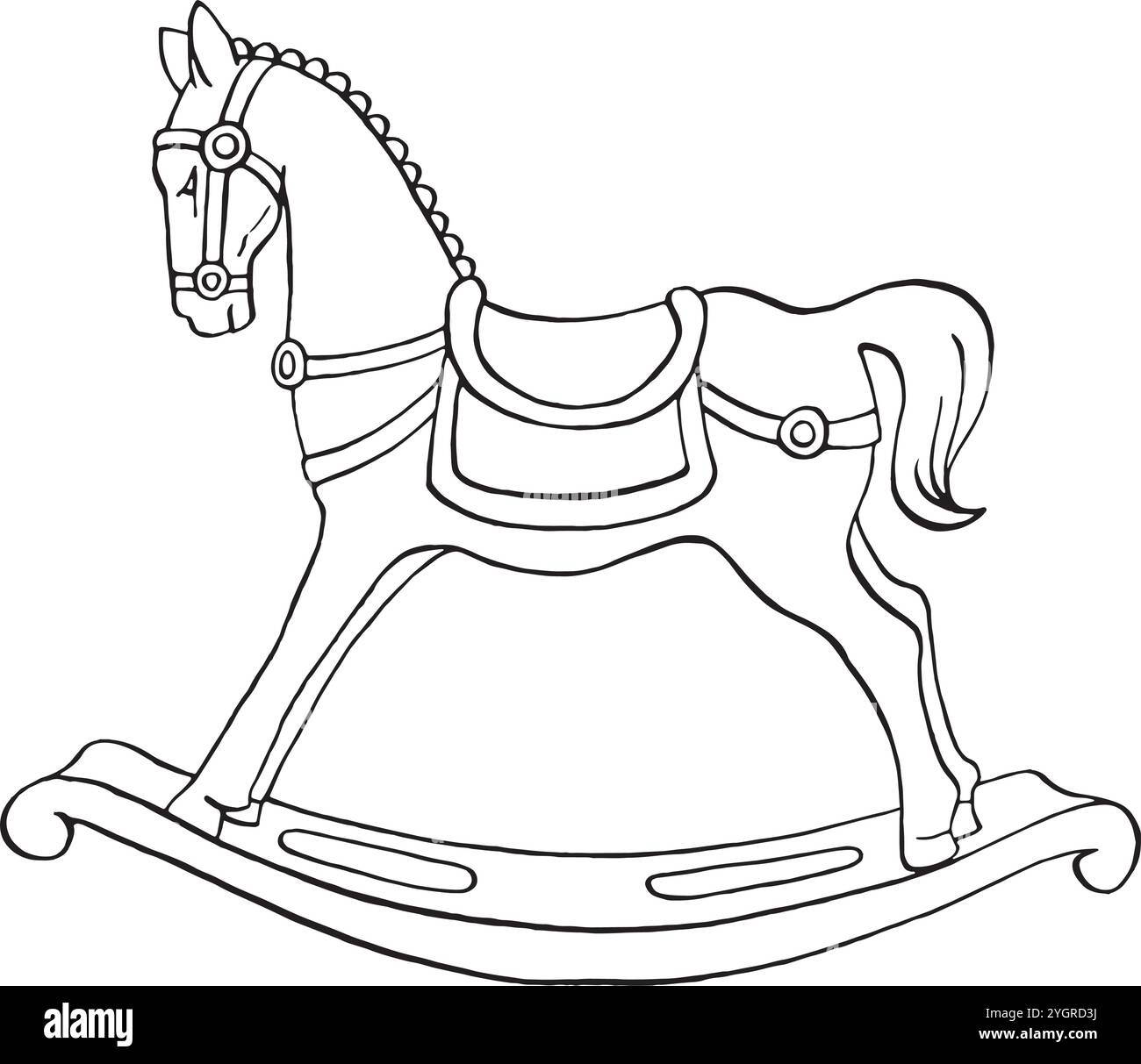 Schaukelpferd. Elegantes traditionelles Vintage-Spielzeug. Isolierte grafische Vektordarstellung. Ideal für Weihnachtsgrüße, Karte, Malbuch, Druck, Dekor Stock Vektor