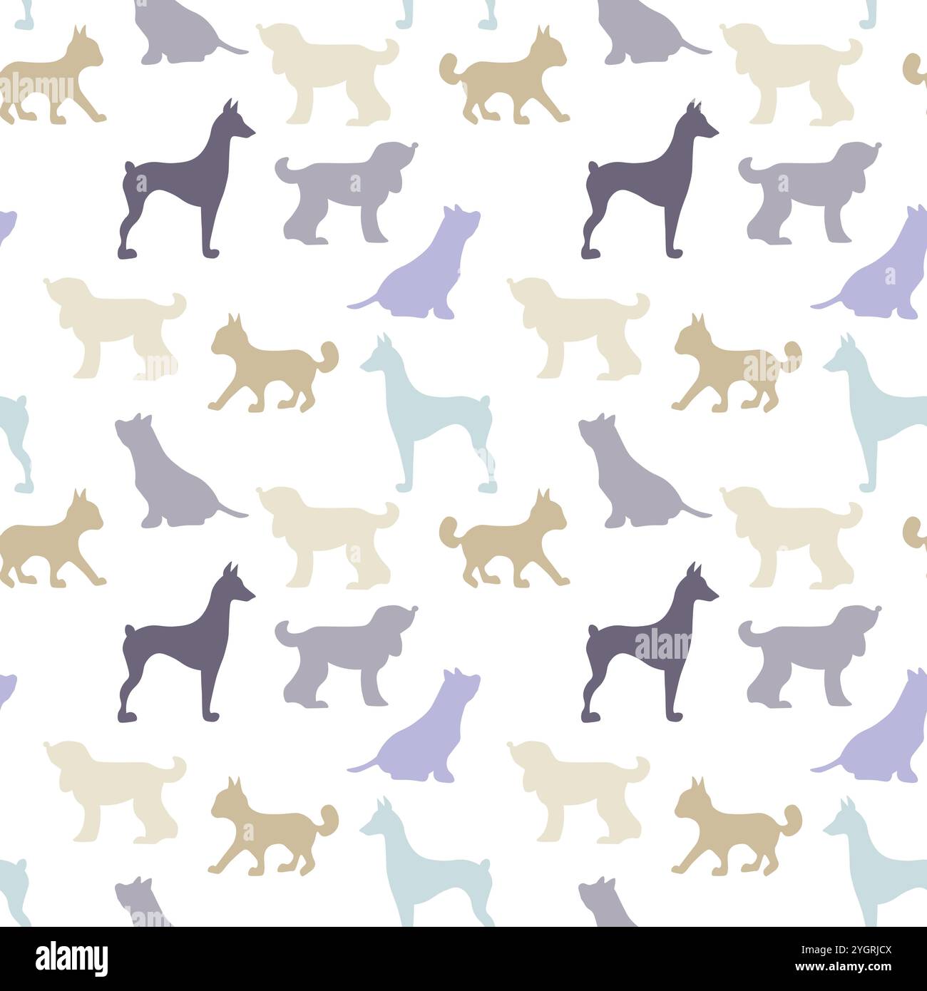 Vektor nahtlos wiederkehrendes kindliches Muster mit niedlichen Hunden, Katzen im skandinavischen Stil. Tiere Hintergrund mit Hund, Katze, Haustiere, Welpen für Einladung Stock Vektor