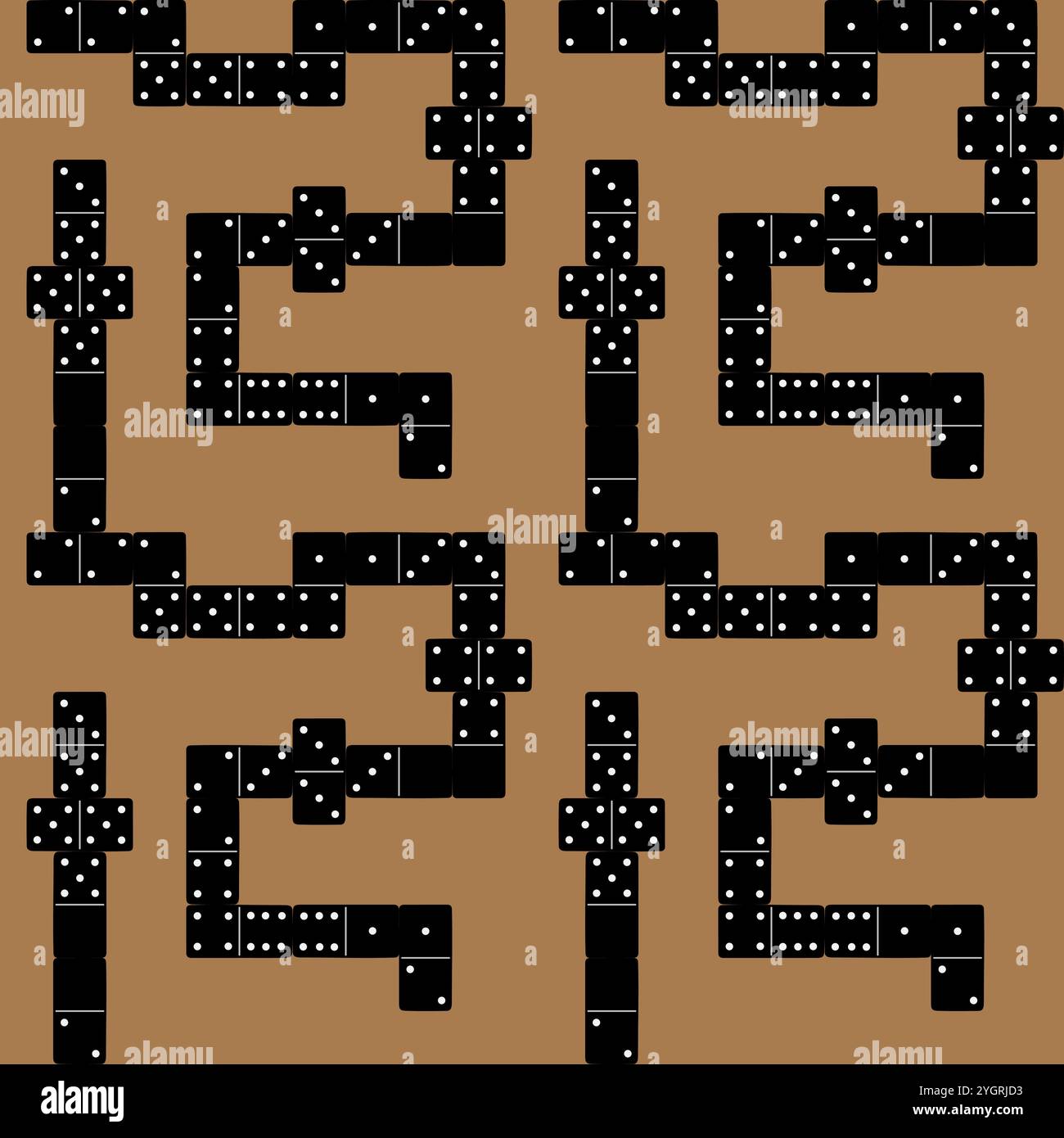 Domino-Muster mit schwarzen Domino-Fliesen auf braunem Hintergrund in einer sich wiederholenden, geometrischen Konfiguration Stock Vektor