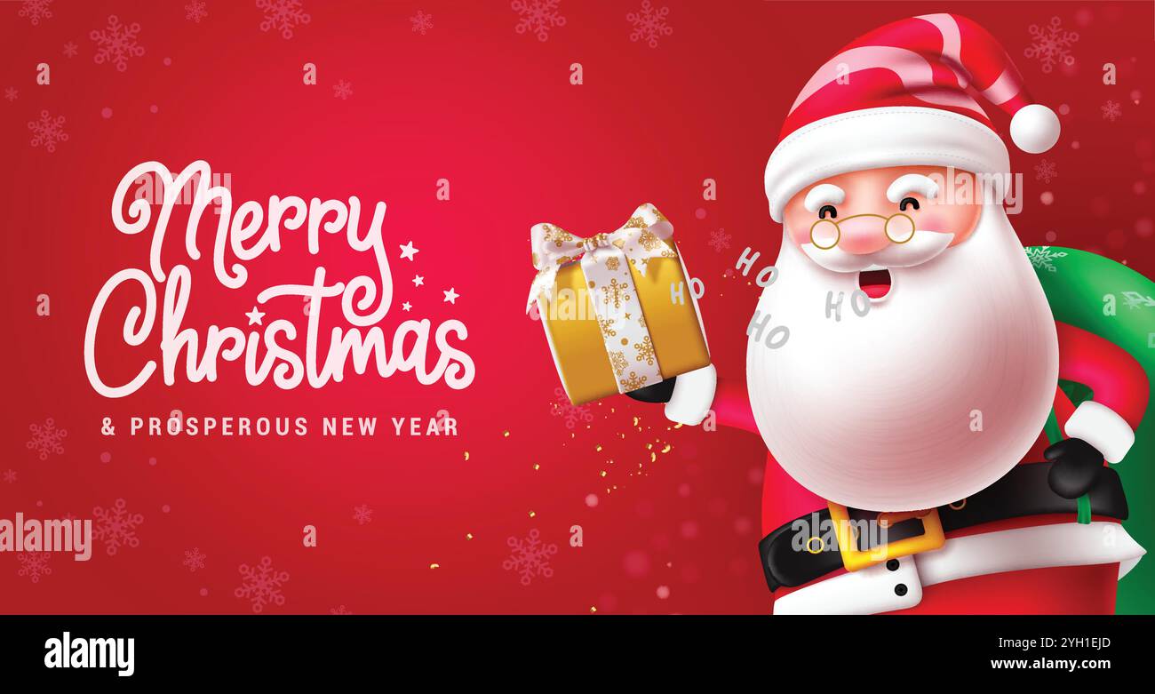 Frohe weihnachten Text Vektor Design. weihnachtsmann fette und lustige Figur mit Giftsack und Dekorationselementen für Geschenkschachteln. Vektor Stock Vektor