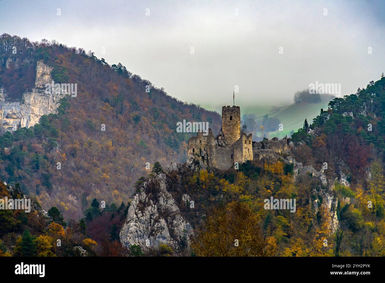 Blick auf die mittelalterliche Burgruine Neu Falkenstein auf dem Weiler St. Wolfgang in Herbstfarben. Naturpark Thal, Ramiswil, Gemeinde Balsthal of Stockfoto