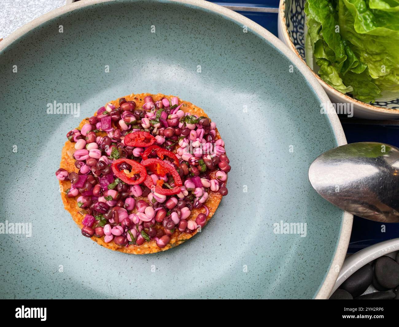 Lebendiges Tostada mit frischem Gemüse und Gewürzen Stockfoto