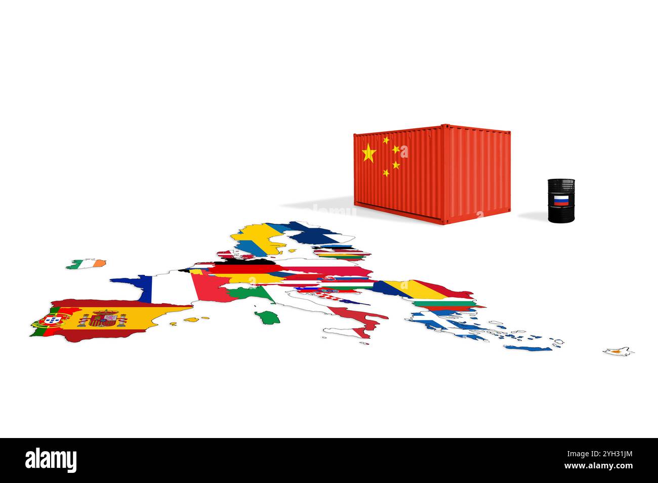 Seecontainer mit China und Rohölfass mit russischen Flaggen auf einer Flaggenkarte der Europäischen Union. Handelskrieg zwischen China und Europa. Sanktionen gegen Russland Stockfoto