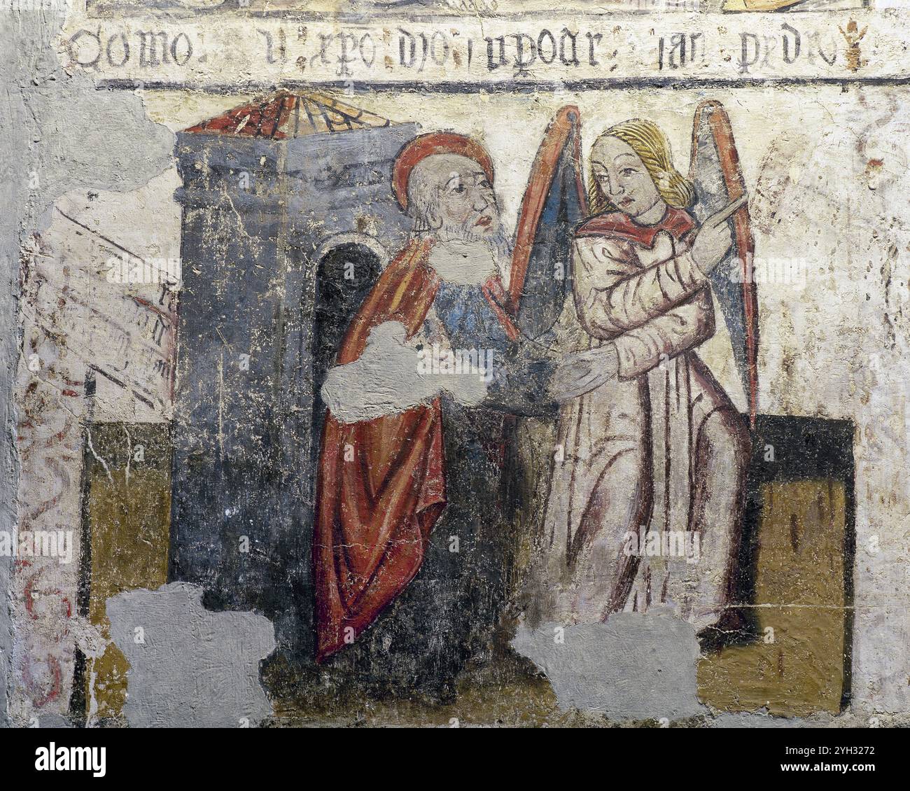 Mondoñedo, Provinz Lugo, Galicien, Spanien. Kathedrale Von Mondoñedo. Wandgemälde aus dem 14. Jahrhundert, die Szenen aus dem Leben des Heiligen Peter darstellen. Der Engel des Herrn befreit St. Peter aus dem Gefängnis. Stockfoto