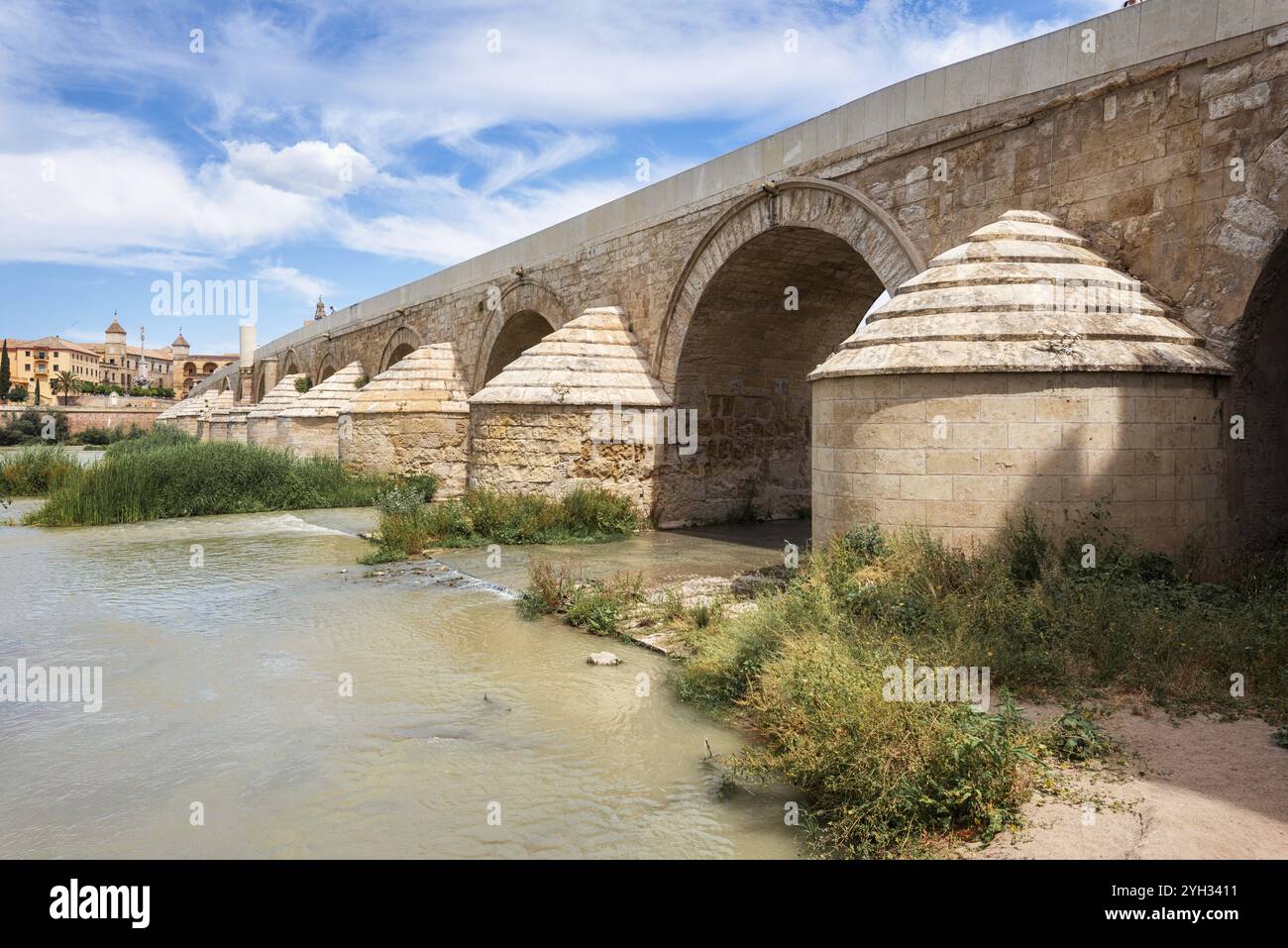 Die römische Brücke mit der Kathedrale-Moschee von Cordoba im Hintergrund. Andalusien, Spanien, Europa Stockfoto