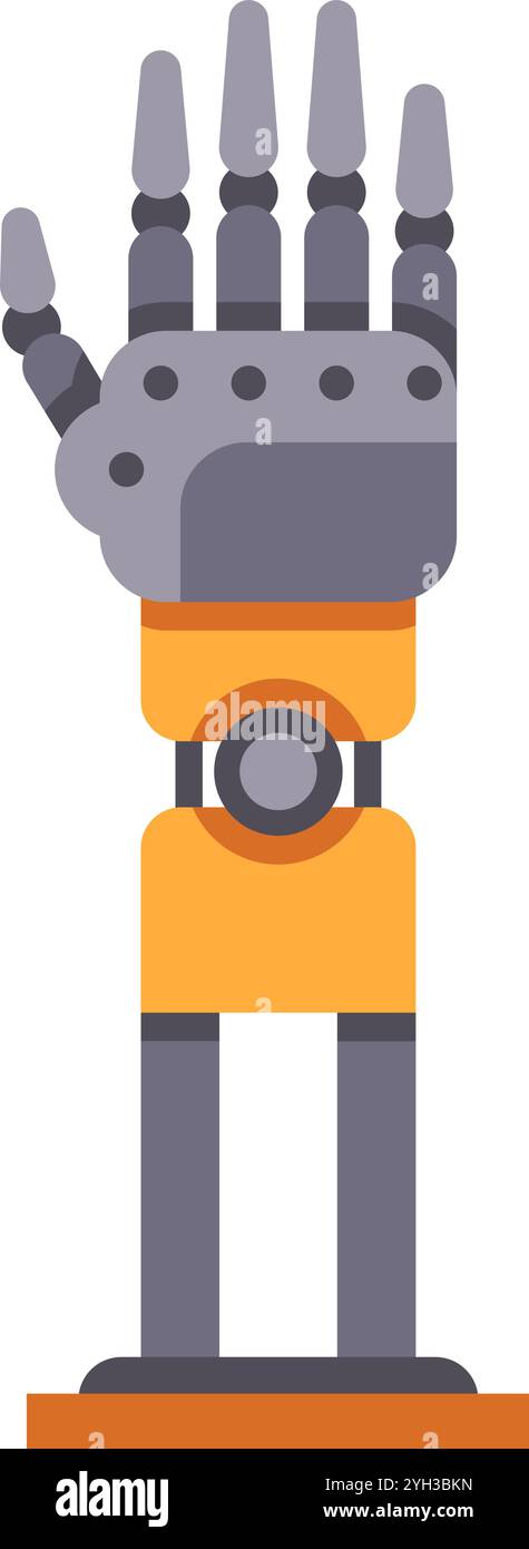 Der Roboterarm integriert nahtlos Metall- und technologische Komponenten, indem fünf Gelenkfinger verlängert werden und somit Innovation in der Robotik und symbolisiert Stock Vektor