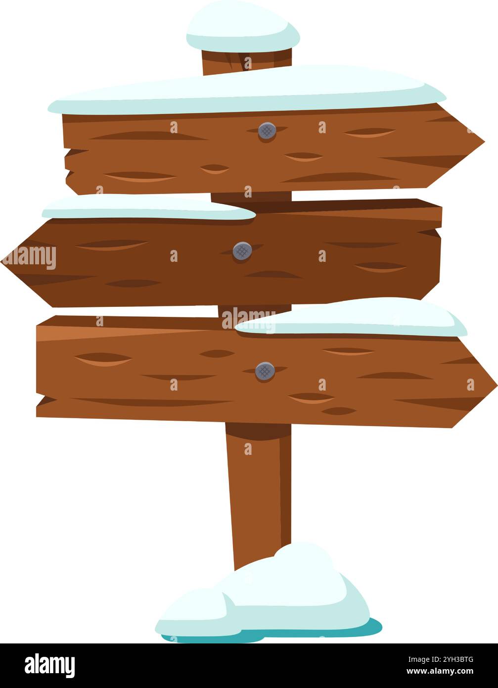 Hölzerne Wegweiser mit Schnee, die mehrere Richtungen zeigen, isoliert auf weißem Hintergrund, geeignet für Winter- und weihnachtsprojekte Stock Vektor