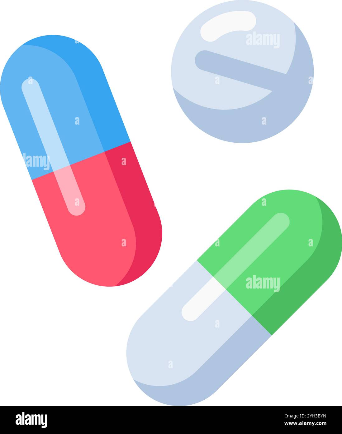 Zwei bunte Kapseln und eine runde Pille symbolisieren Medikamente, Gesundheitswesen und pharmazeutische Behandlung in einer einfachen, aber effektiven visuellen Darstellung Stock Vektor