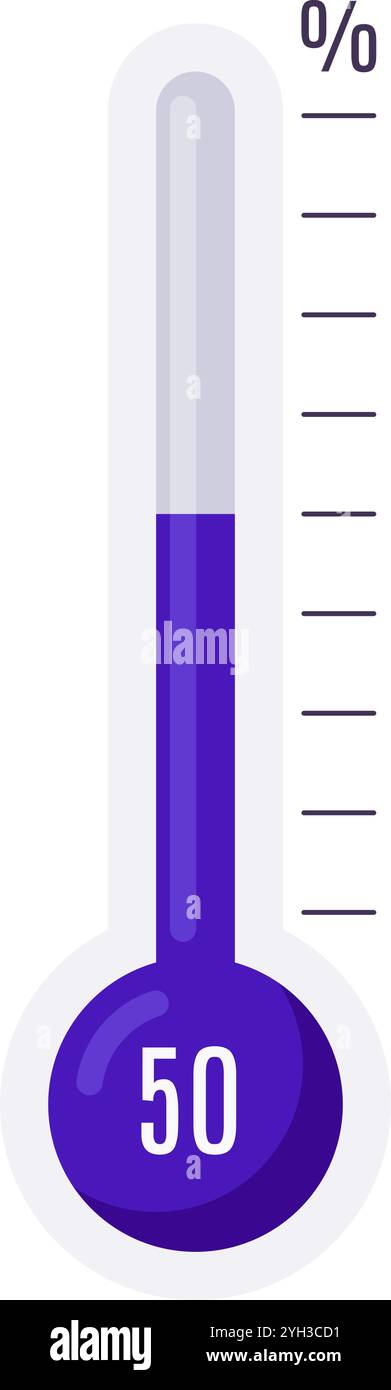 Ein violettes Thermometer, das 50 Prozent anzeigt, symbolisiert Messung, Temperatur, Leistung oder Fortschritt in einem einfachen, aber effektiven Bild Stock Vektor