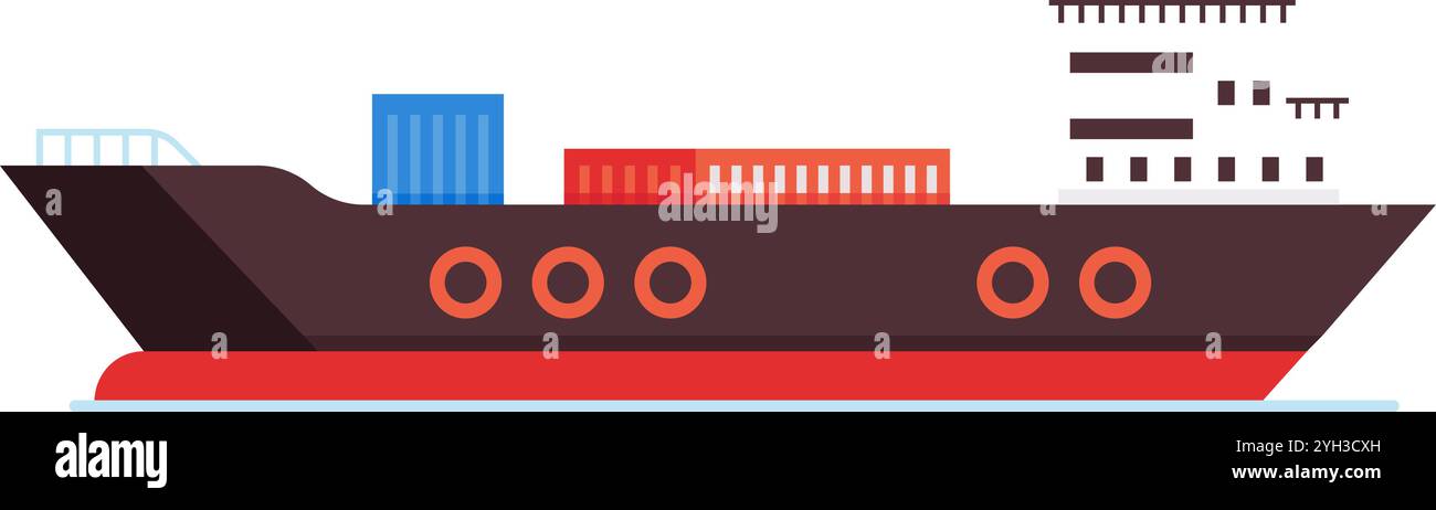 Frachtschiff mit Containern, die auf dem Wasser navigieren und Güter im internationalen Handelsverkehr über den Ozean transportieren Stock Vektor