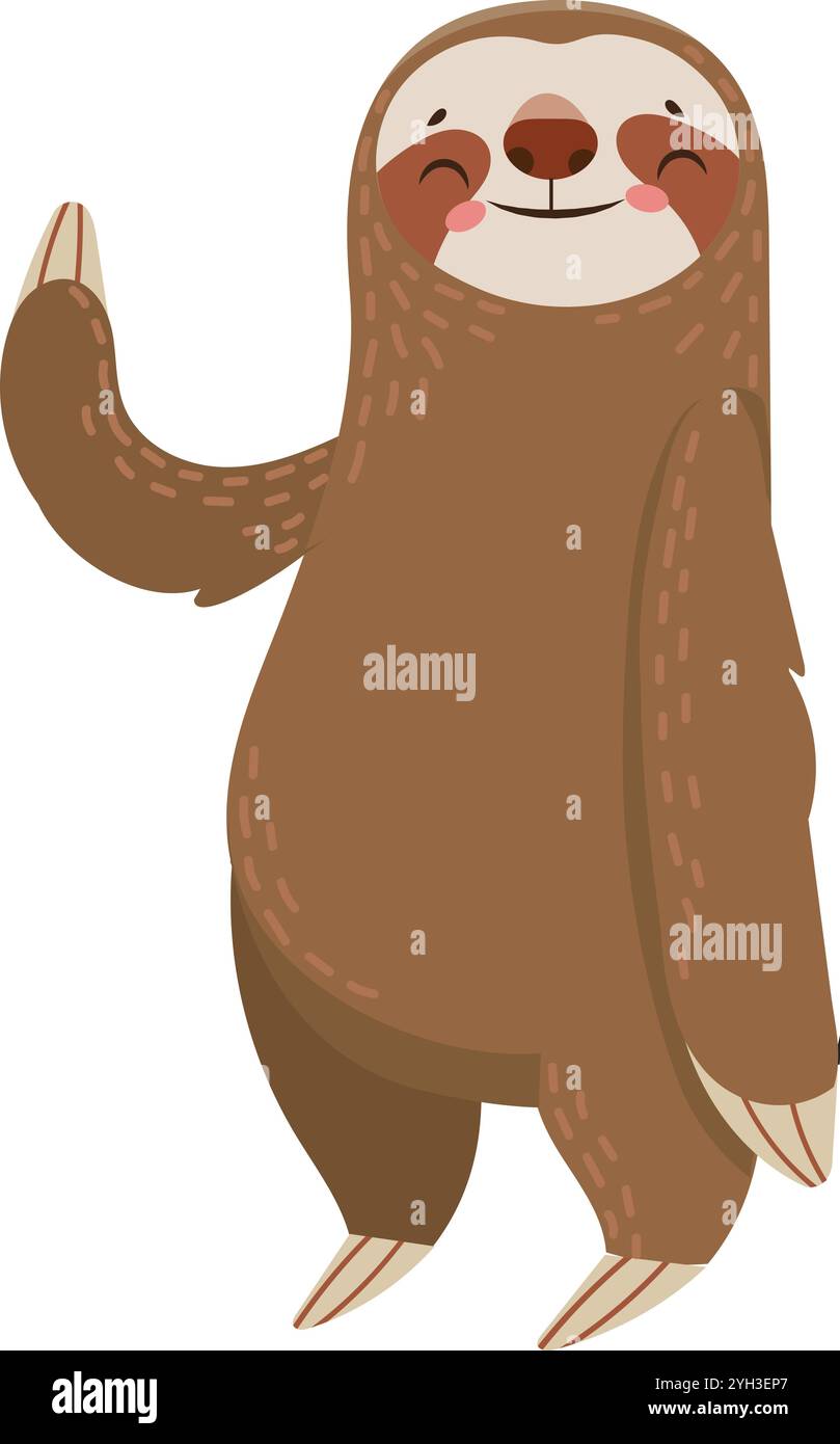 Freundliche Faultier winkende Pfote im Zeichentrickstil auf weißem Hintergrund, perfekt für Projekte für Kinder, die niedliche Tierwelt benötigen Stock Vektor