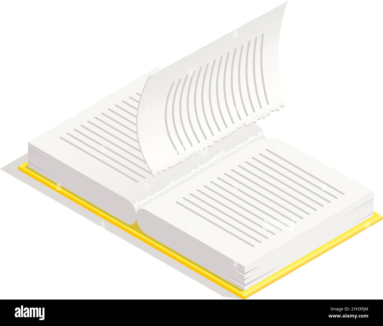 Ein offenes Buch mit einer gerissenen Seite zeigt Textzeilen, die in einer isometrischen Perspektive dargestellt werden und das Konzept beschädigter Literatur oder betonen Stock Vektor