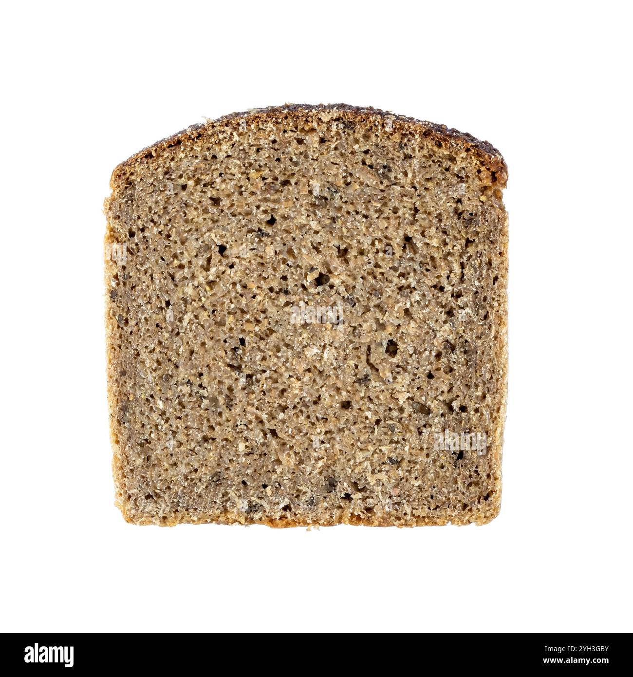 Scheibe Roggenbrot isoliert auf weißem Hintergrund, Draufsicht, flache Nahaufnahme Stockfoto