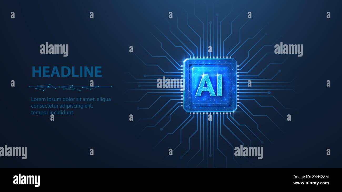 AI-Buchstaben auf Chip. KI-Technologie, Roboterkern, elektrische Leitung Stock Vektor
