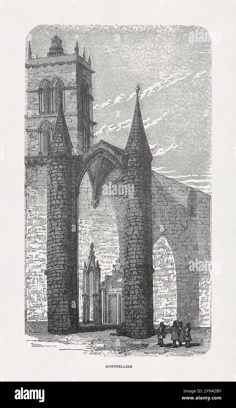 Gravur der Kathedrale von Montpellier, die auch für ihre medizinische Fakultät bekannt ist. Stockfoto