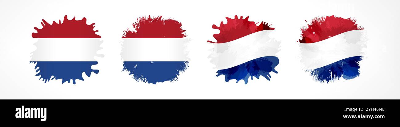 Set mit grungy Spots mit Flagge der Niederlande innen und Schnittmaske. Kreative Tintenformen. Pinselstriche Stil Grafik isolierte Falg of Holland. Stock Vektor