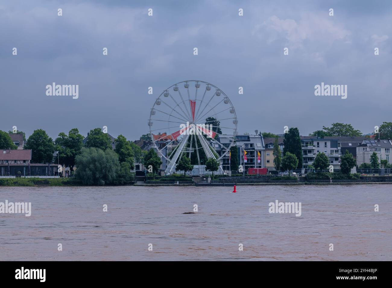 Bonn, Deutschland - 21. Mai 2024 : Blick auf ein Riesenrad und den geschwollenen Rhein im Vordergrund in Bonn Beuel Stockfoto