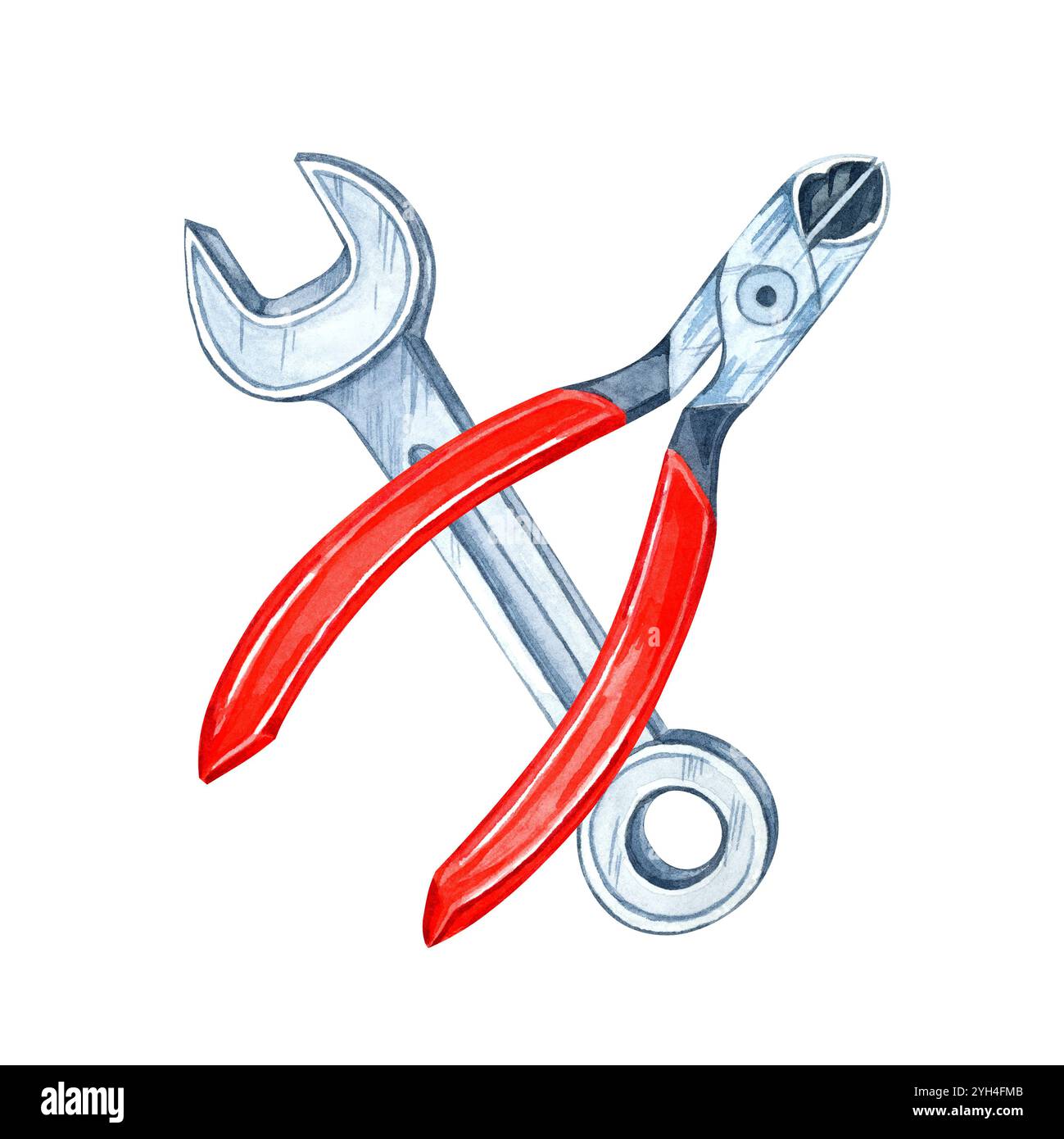 Eine Zange mit rotem Griff und ein silberner Schraubenschlüssel in diesem handbemalten Clipart. Abbildung von Hardware-Tools für Designs, Heimwerkerprojekte, Verpackungen oder handwerkliche Waren Stockfoto