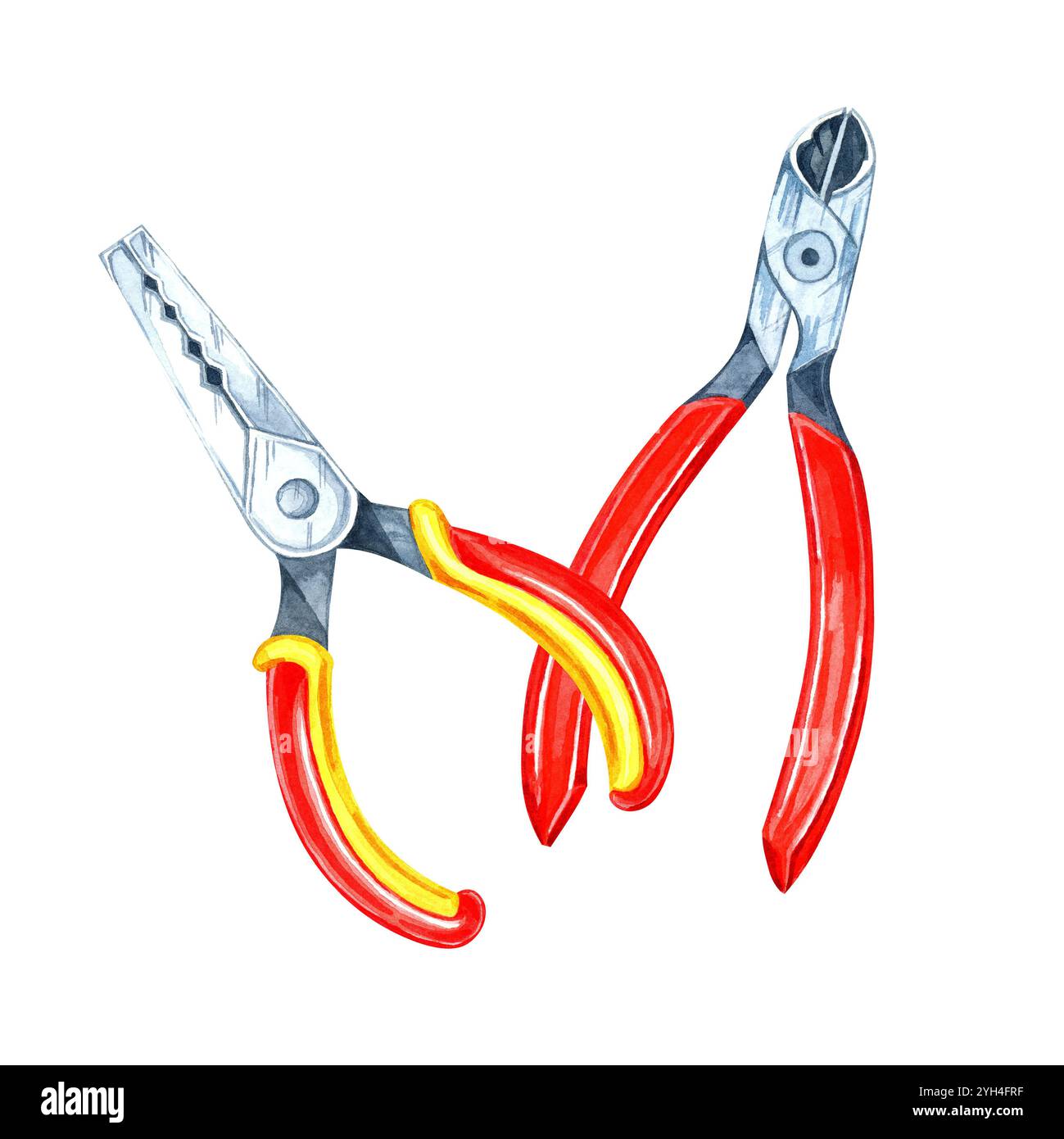 Eine Zange und ein Schneider mit roten und gelben Griffen. Handbemalte Beschläge, Clipart in Aquarellfarbe. Perfekt für mechanische Projekte, Produktmarkierungen oder Schulungsmaterialien zu Handwerkzeugen Stockfoto