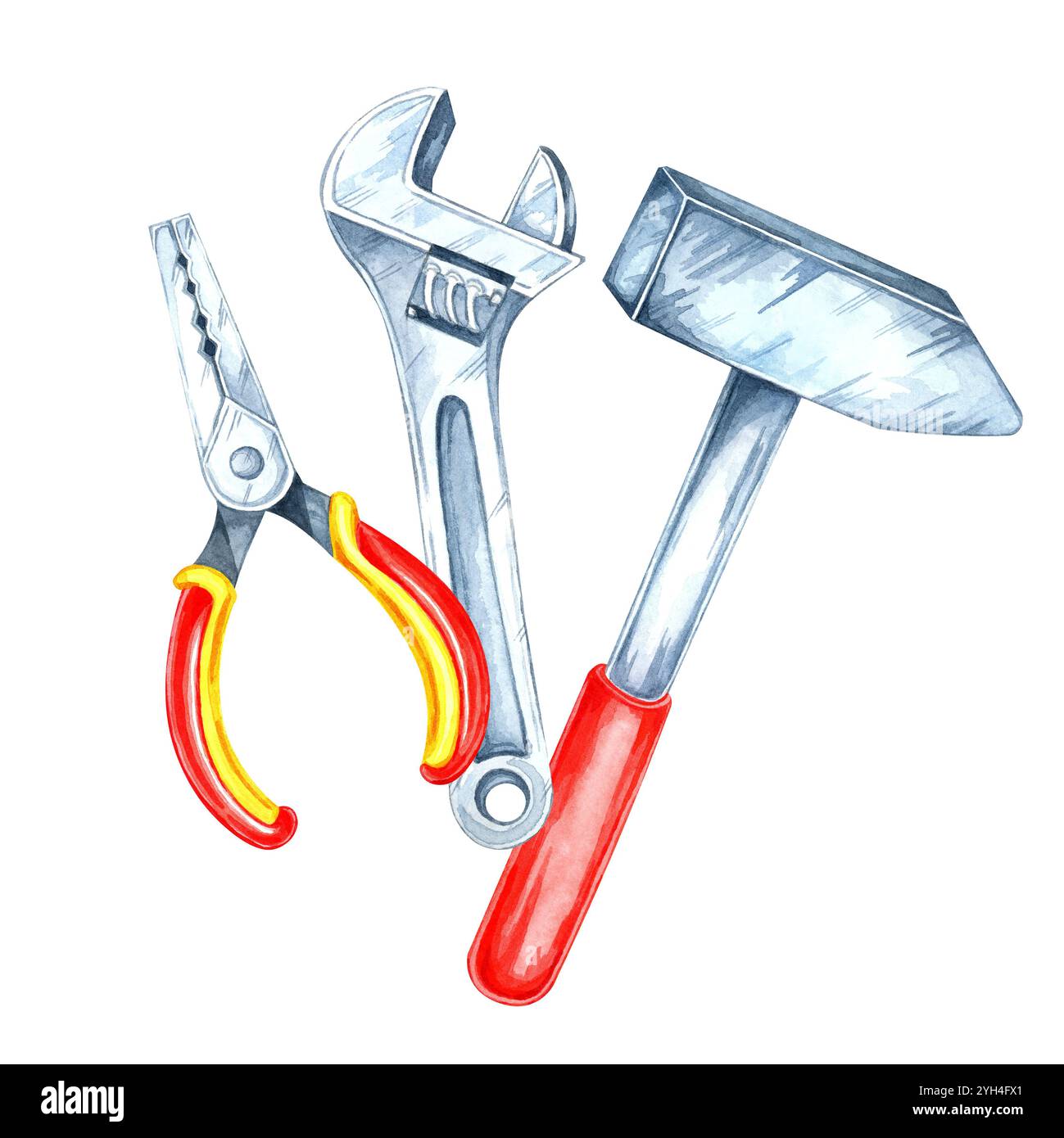 Ein Hammer, eine Zange mit gelben und roten Griffen und ein verstellbarer Schraubenschlüssel. Handgemalte Aquarellillustration für handwerkliche Waren, Anleitungen oder Verpackungsetiketten mit DIY-Design Stockfoto
