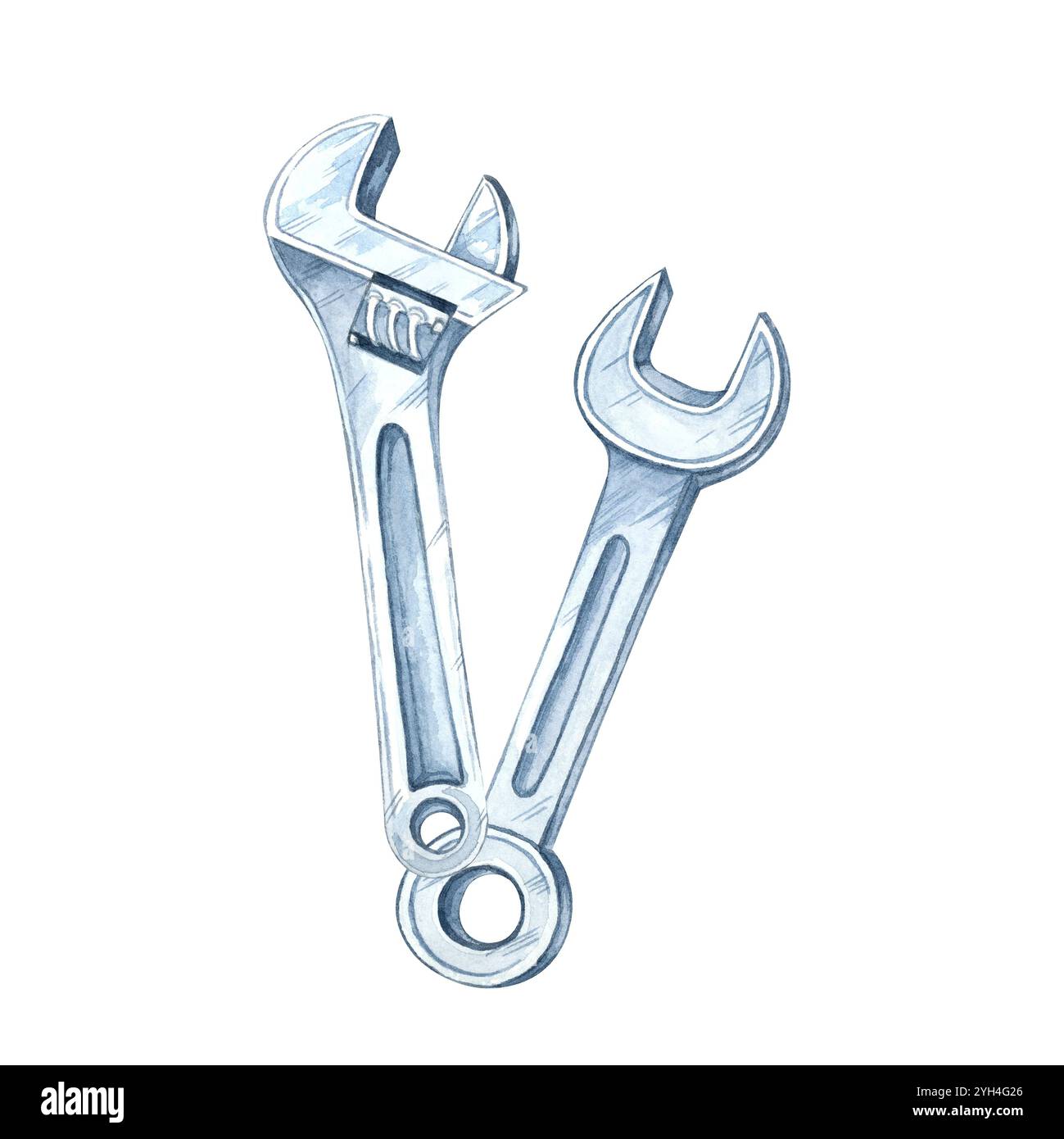 Zwei Metallschlüssel, einschließlich eines verstellbaren, kreuzt. Handgemalte Aquarellillustration. Clipart für Branding für Toolkits, Heimwerkerprojekte, Baubeschriftungen oder Flyer für Eisenwarengeschäfte Stockfoto