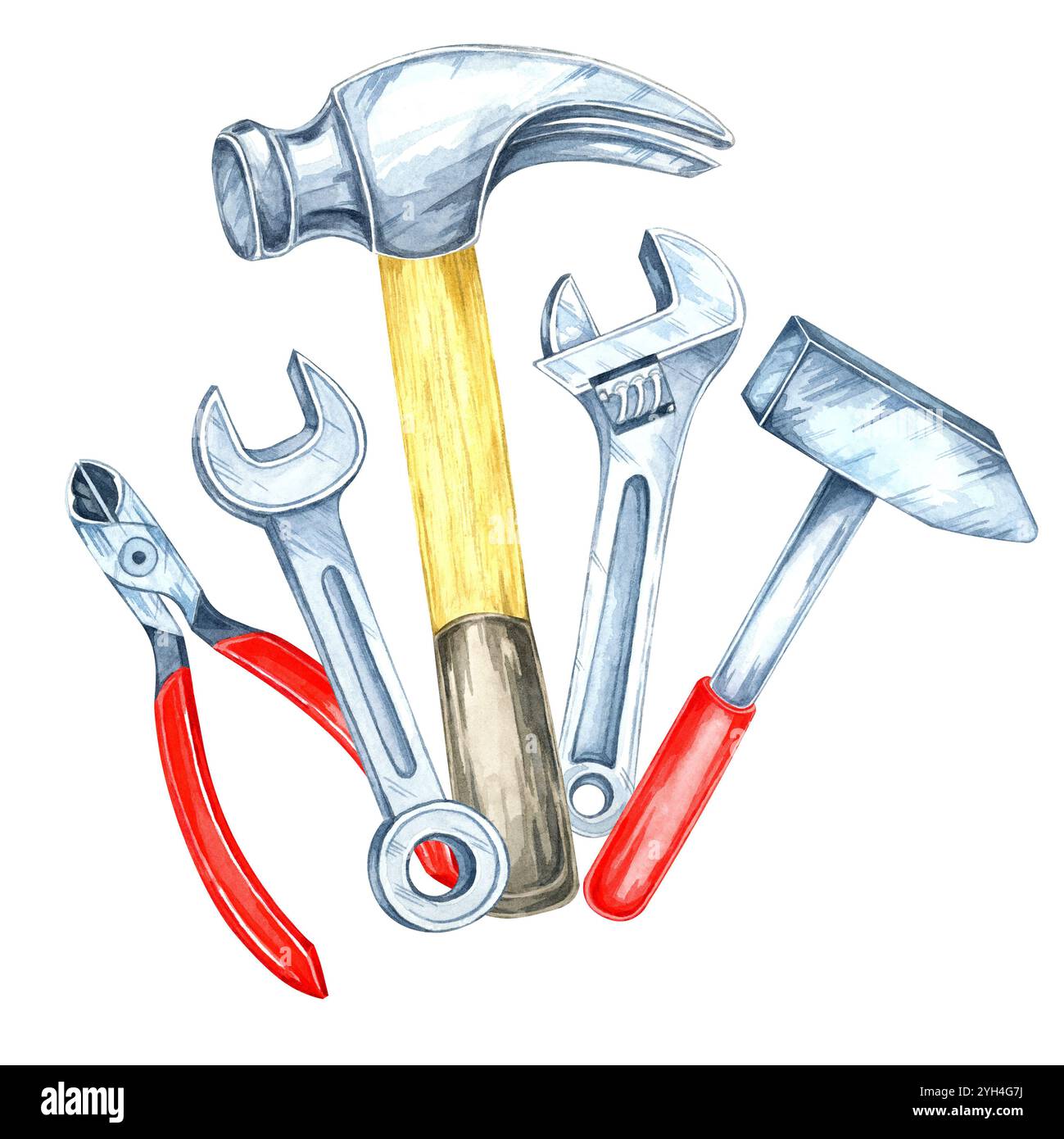Zange mit roten Griffen, Schraubenschlüsseln und zwei Hämmern Clipart. Handgemalte Aquarellillustration. Eine großartige Wahl für DIY-Produktdesigns, Verpackungen oder Marketingmaterialien für Reparaturdienstleistungen Stockfoto