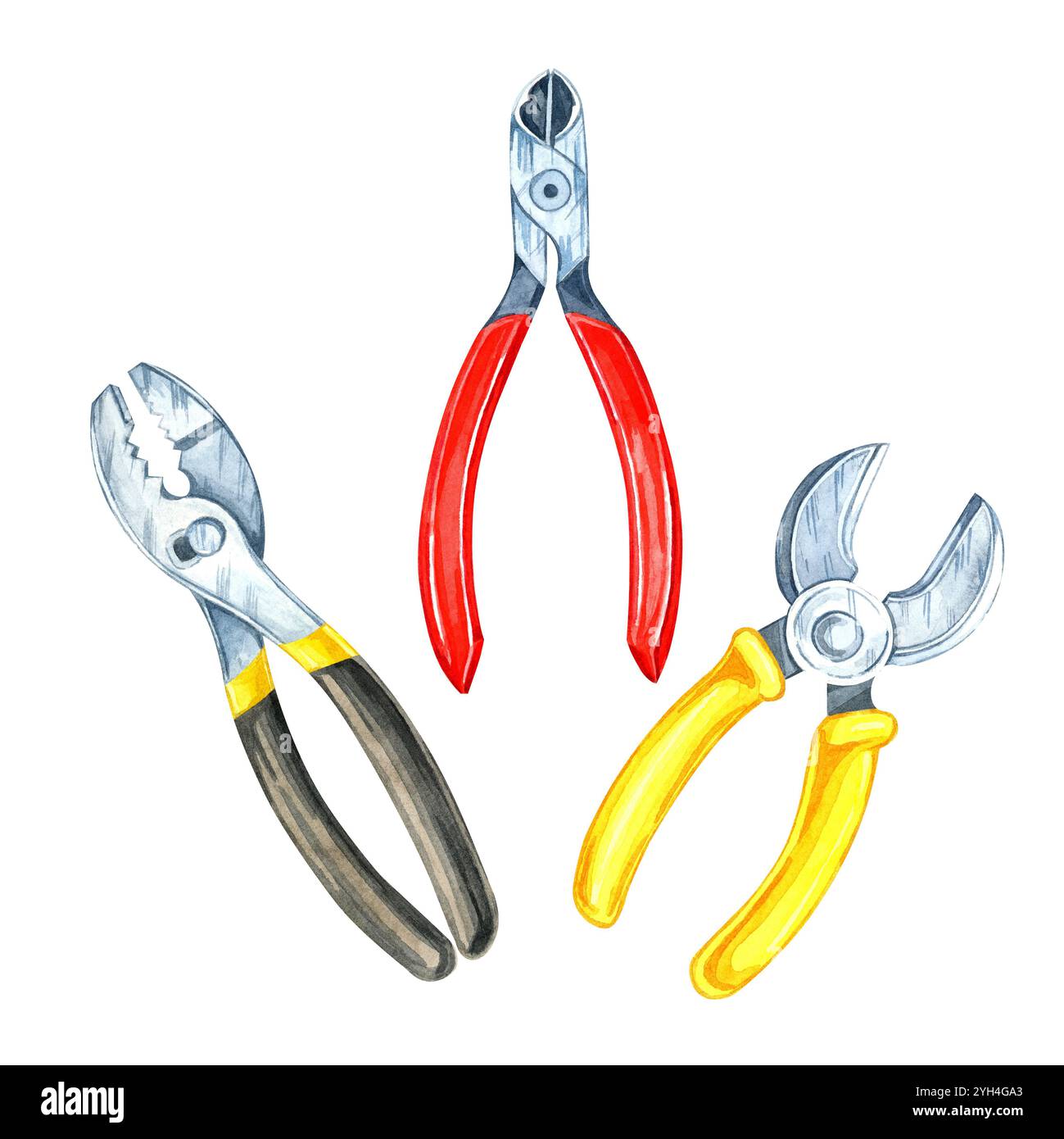 Zange mit rotem Griff, Zange mit silbernem und gelbem Griff und ein Schraubenschlüssel. Handgemaltes Clipart mit Aquarell. Hervorragend geeignet für Werkzeugpakete, Reparaturservice-Anzeigen oder Bastelarbeiten und DIY-Designs Stockfoto